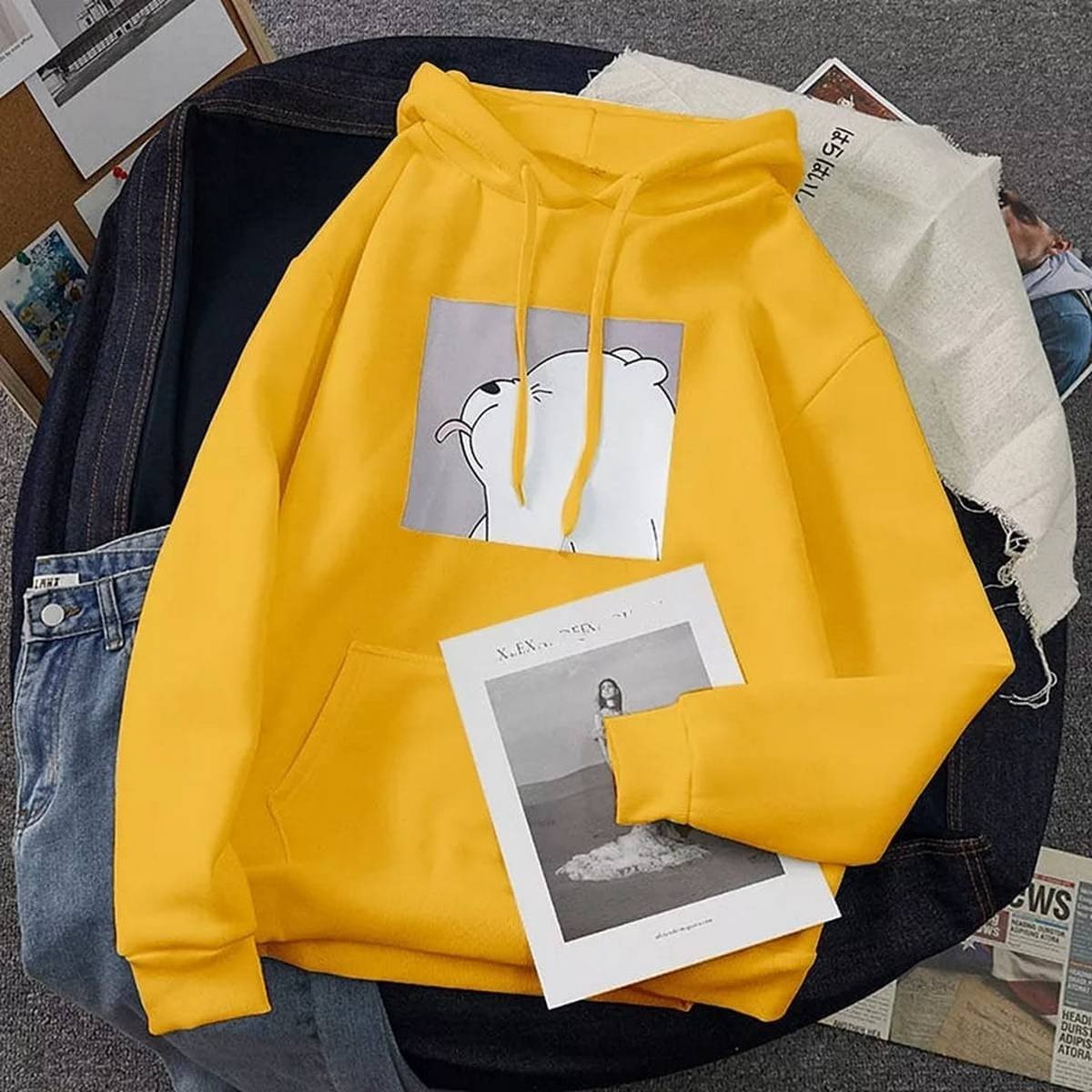 Ice Bear Fleece Full Sleeves Pull Over Hoodie For Women - DENIMS - Hoodies & Sweatshirts - 