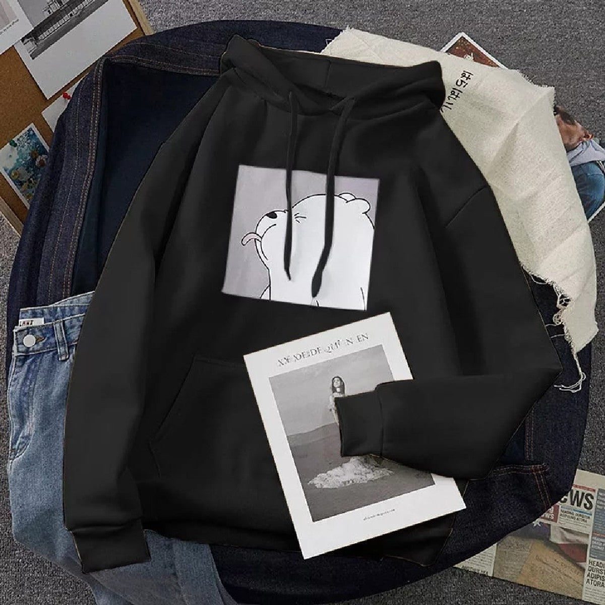 Ice Bear Fleece Full Sleeves Pull Over Hoodie For Women - DENIMS - Hoodies & Sweatshirts - 