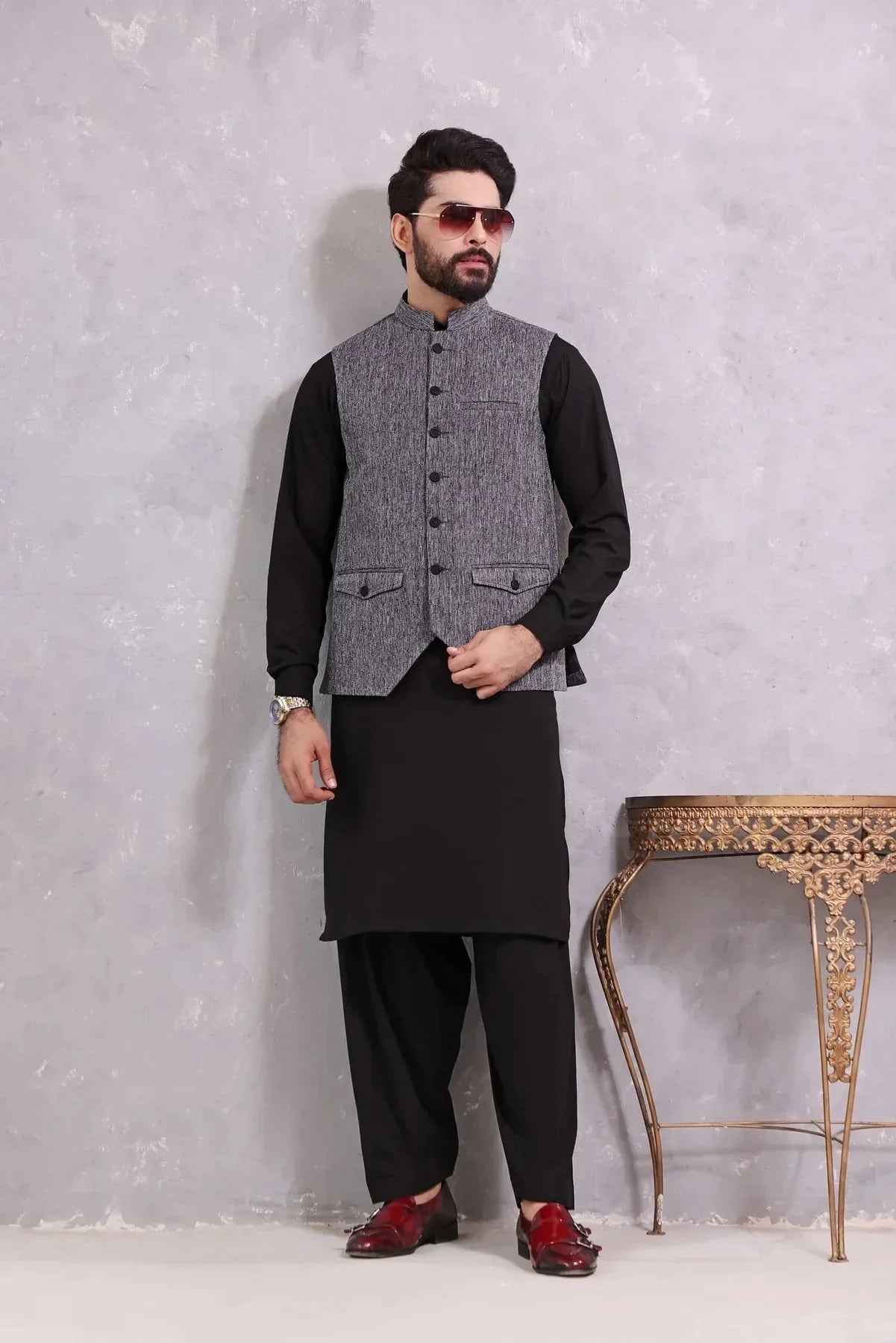 Jute Suiting Waistcoat with Matching Blended Kameez Shalwar - DENIMS - Shalwar Kameez - 