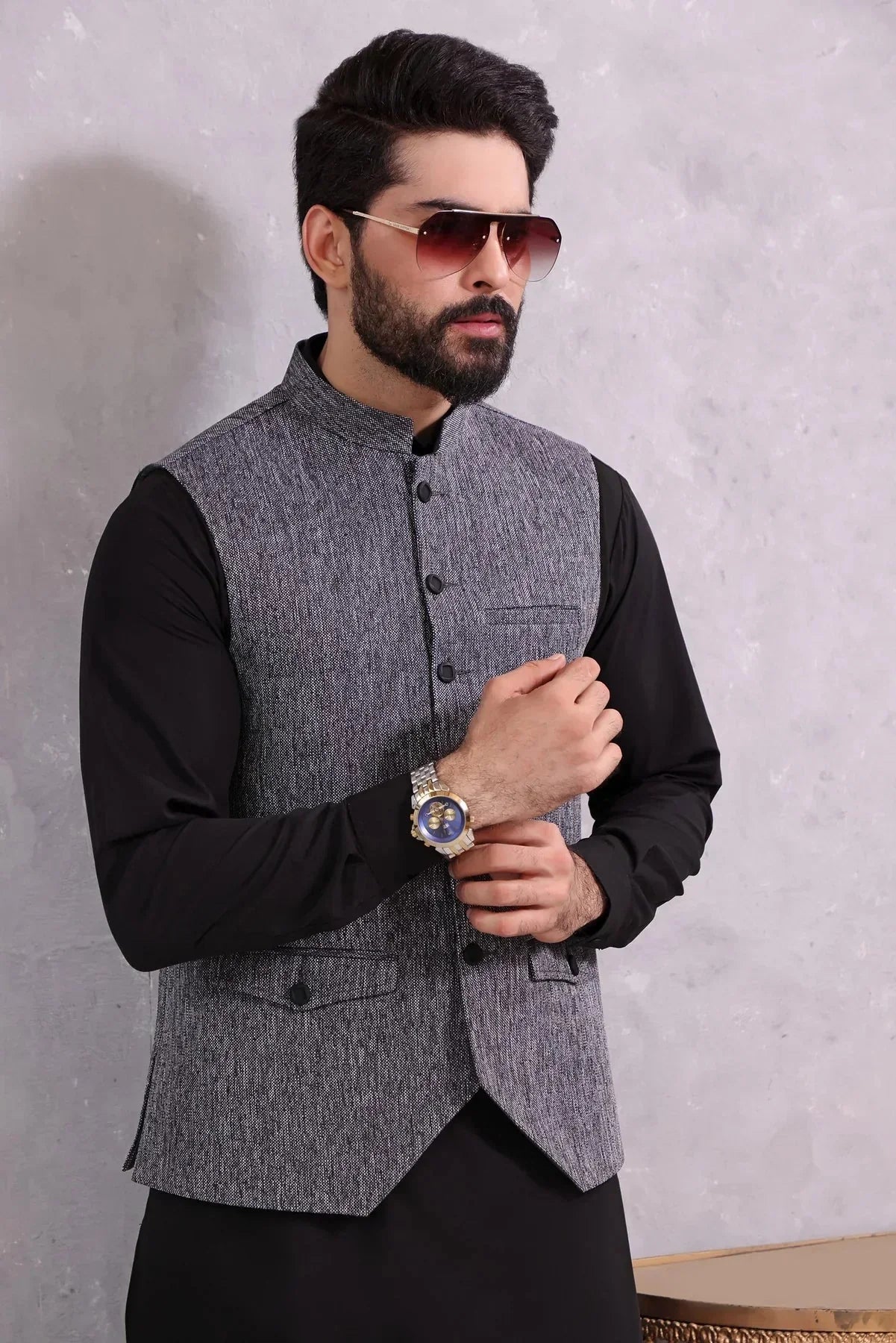 Jute Suiting Waistcoat with Matching Blended Kameez Shalwar - DENIMS - Shalwar Kameez - 