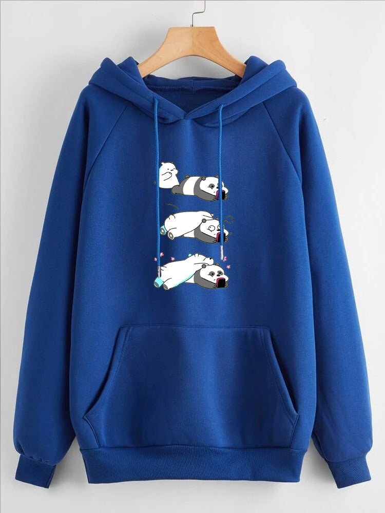 Lazy Bears Printed Fleece Full Sleeves Pull Over Hoodie For Women - DENIMS - Hoodies & Sweatshirts - 
