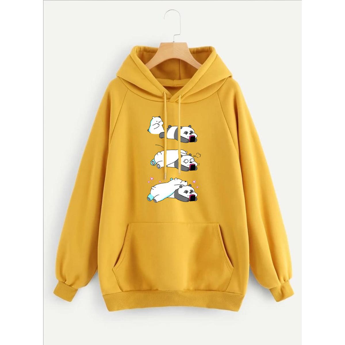 Lazy Bears Printed Fleece Full Sleeves Pull Over Hoodie For Women - DENIMS - Hoodies & Sweatshirts - 