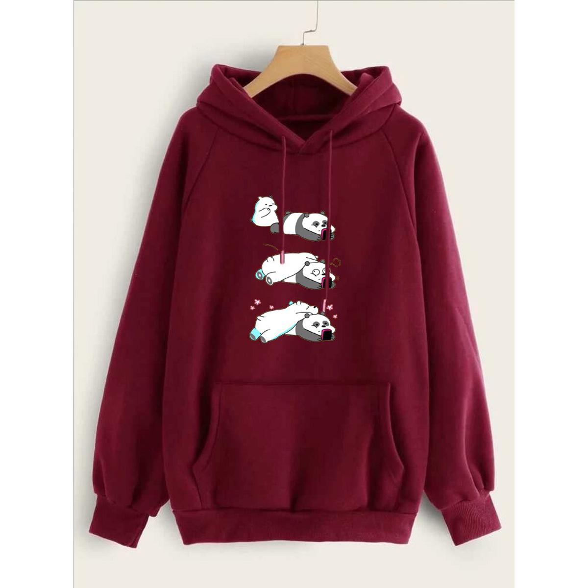 Lazy Bears Printed Fleece Full Sleeves Pull Over Hoodie For Women - DENIMS - Hoodies & Sweatshirts - 