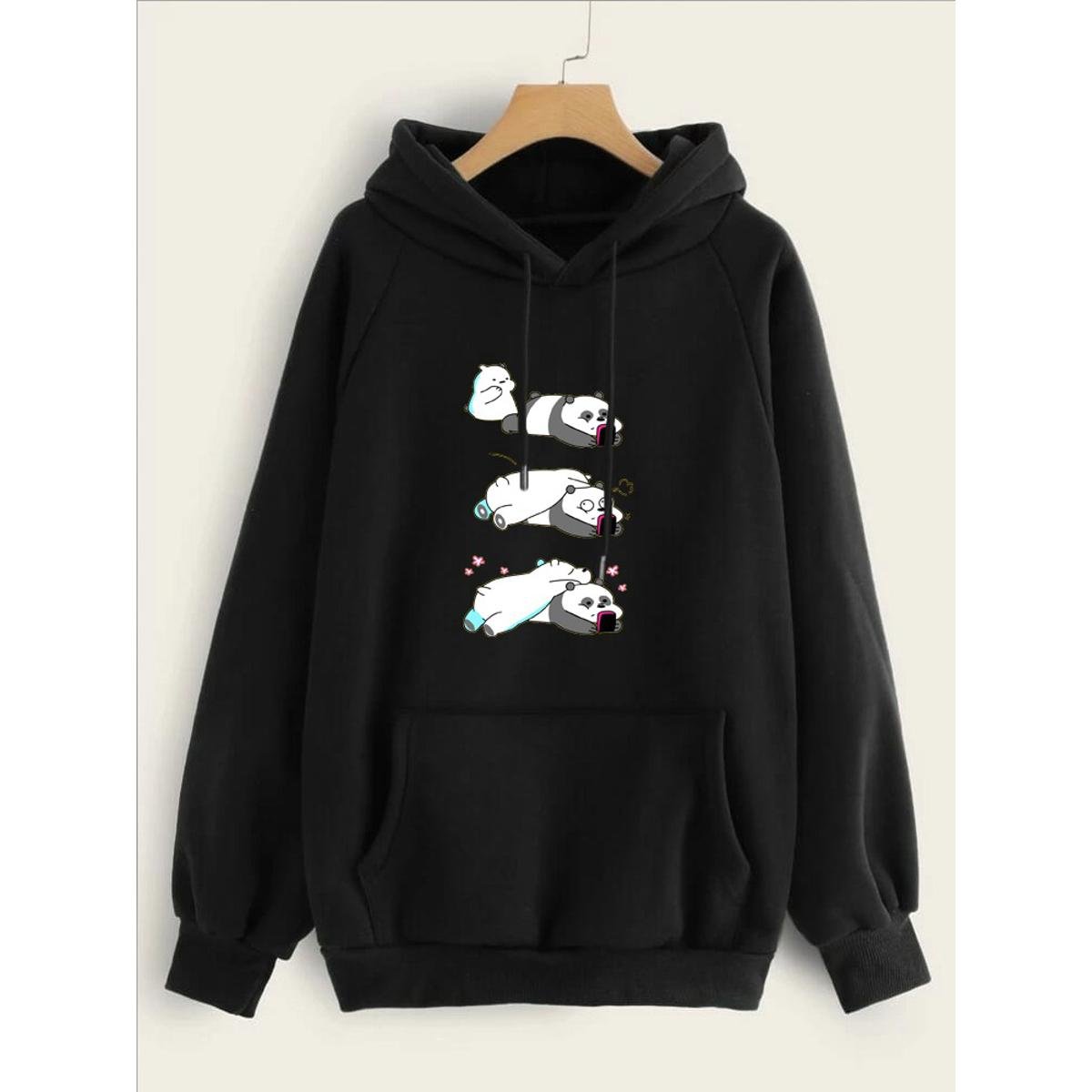 Lazy Bears Printed Fleece Full Sleeves Pull Over Hoodie For Women - DENIMS - Hoodies & Sweatshirts - 