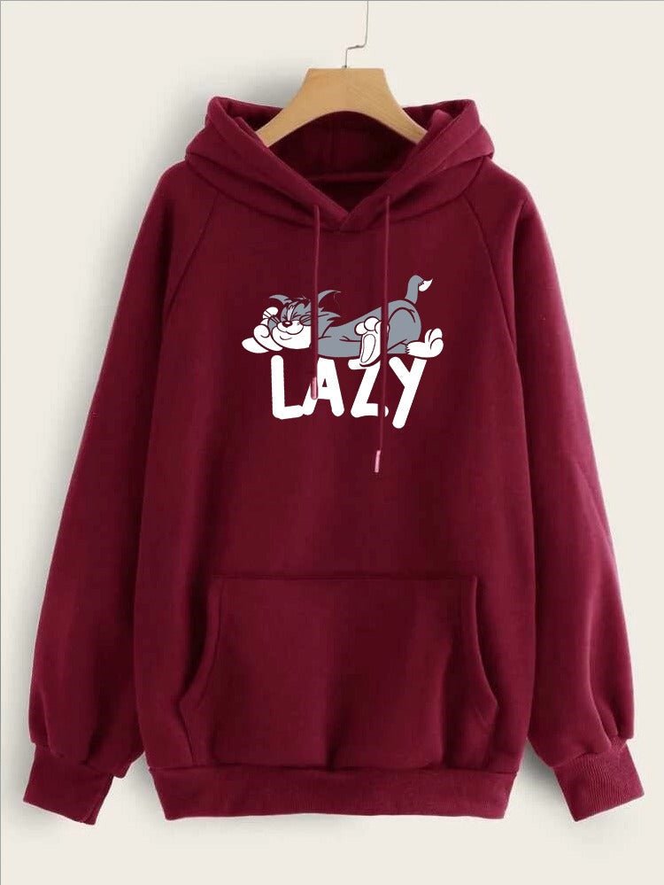 Lazy Tom Printed Fleece Full Sleeves Pull Over Hoodie For Women - DENIMS - Hoodies & Sweatshirts - 