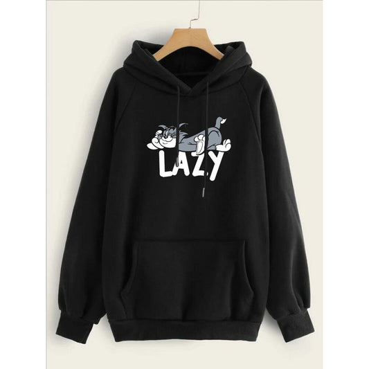 Lazy Tom Printed Fleece Full Sleeves Pull Over Hoodie For Women - DENIMS - Hoodies & Sweatshirts - 
