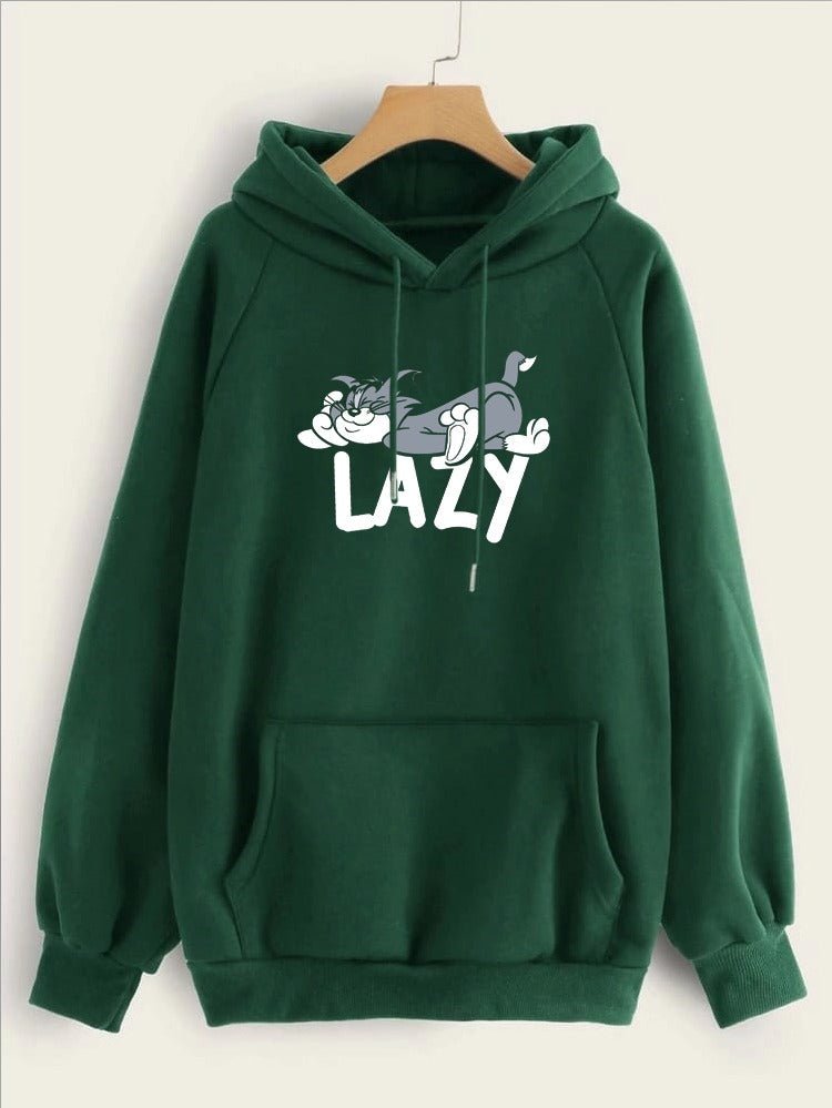 Lazy Tom Printed Fleece Full Sleeves Pull Over Hoodie For Women - DENIMS - Hoodies & Sweatshirts - 