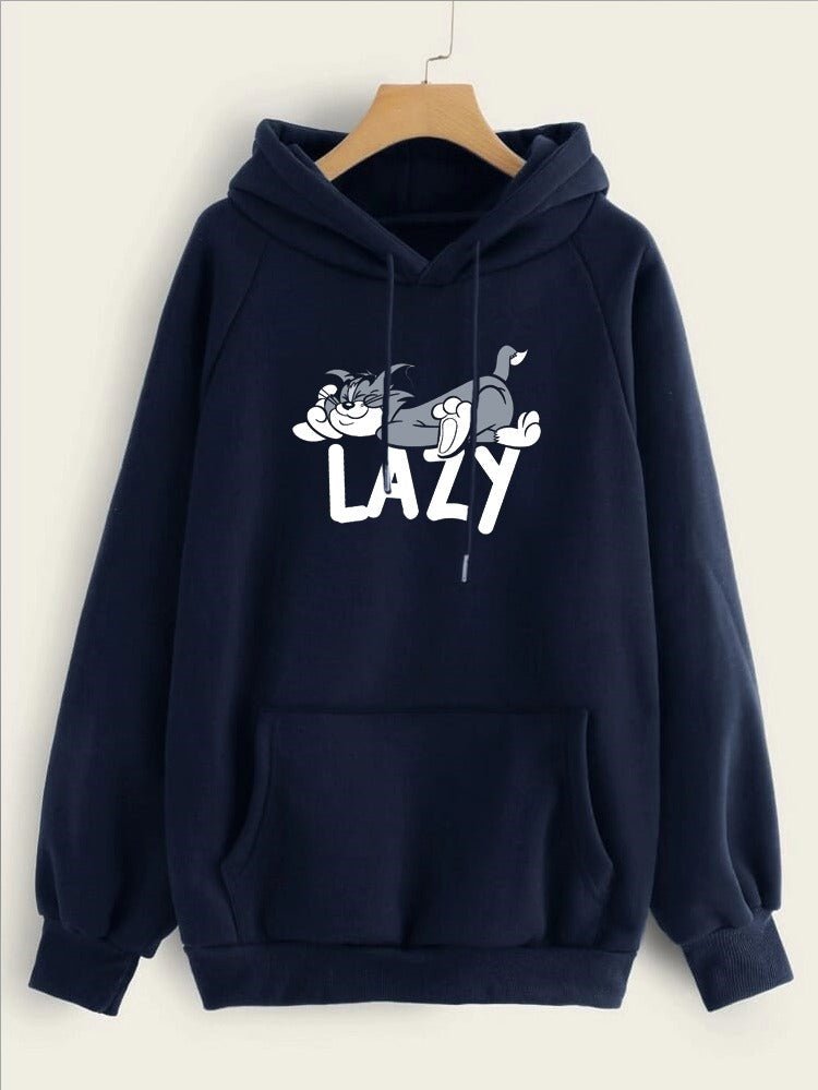Lazy Tom Printed Fleece Full Sleeves Pull Over Hoodie For Women - DENIMS - Hoodies & Sweatshirts - 