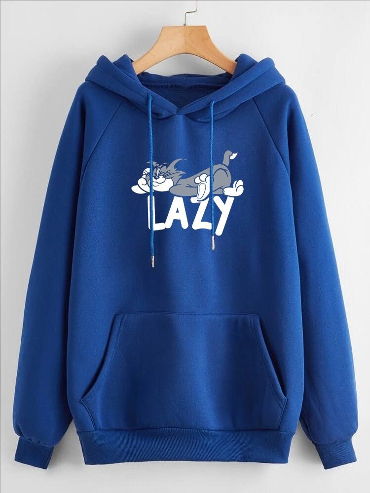 Lazy Tom Printed Fleece Full Sleeves Pull Over Hoodie For Women - DENIMS - Hoodies & Sweatshirts - 