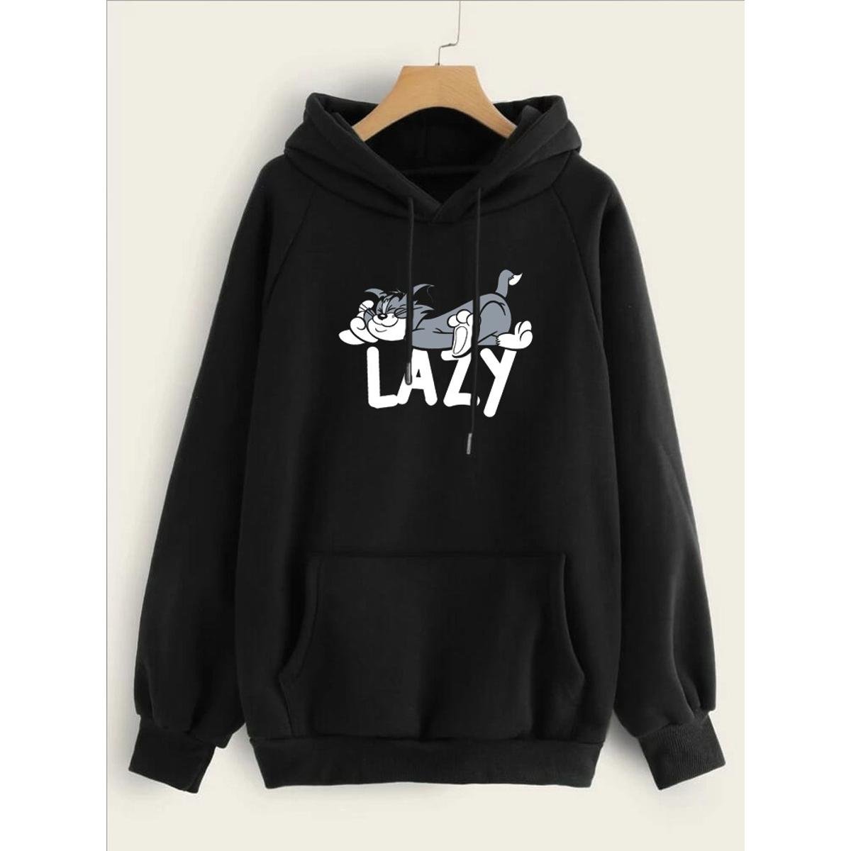 Lazy Tom Printed Fleece Full Sleeves Pull Over Hoodie For Women - DENIMS - Hoodies & Sweatshirts - 