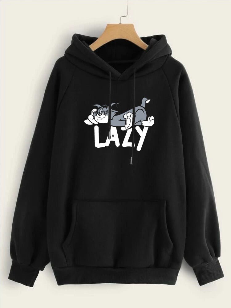 Lazy Tom Printed Fleece Full Sleeves Pull Over Hoodie For Women - DENIMS - Hoodies & Sweatshirts - 