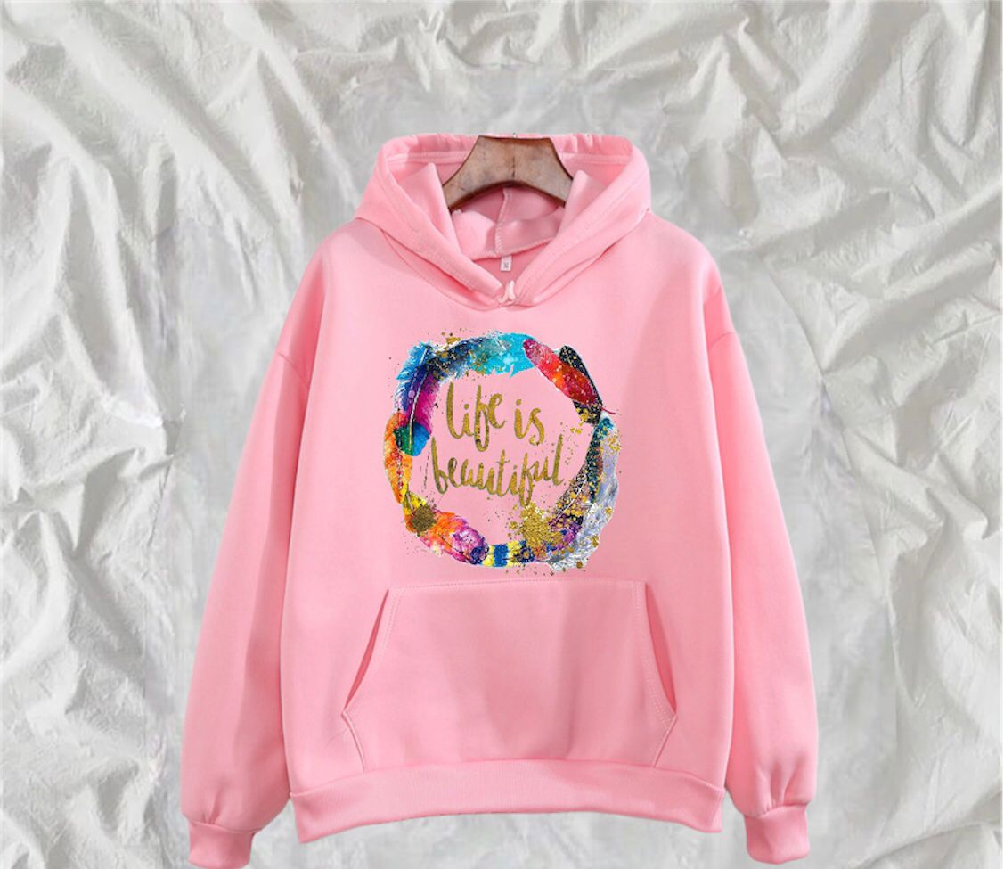 Life Is Beautiful Printed Fleece Full Sleeves Pull Over Hoodie For Women - DENIMS - Hoodies & Sweatshirts - 