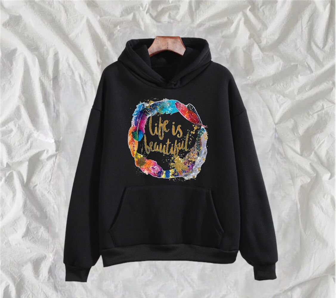 Life Is Beautiful Printed Fleece Full Sleeves Pull Over Hoodie For Women - DENIMS - Hoodies & Sweatshirts - 
