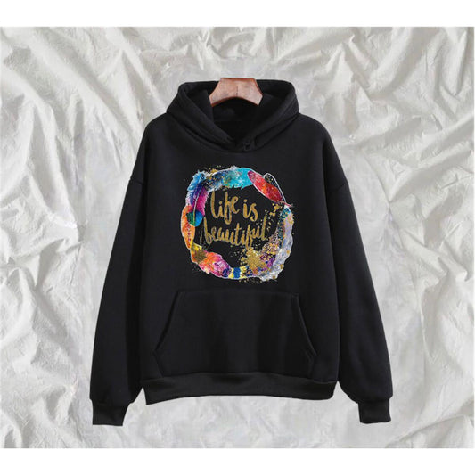 Life Is Beautiful Printed Fleece Full Sleeves Pull Over Hoodie For Women - DENIMS - Hoodies & Sweatshirts - 