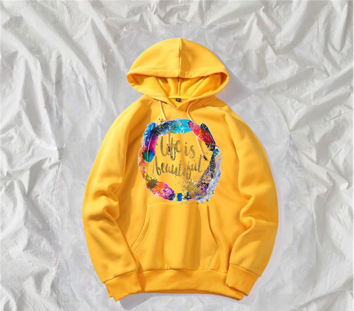 Life Is Beautiful Printed Fleece Full Sleeves Pull Over Hoodie For Women - DENIMS - Hoodies & Sweatshirts - 