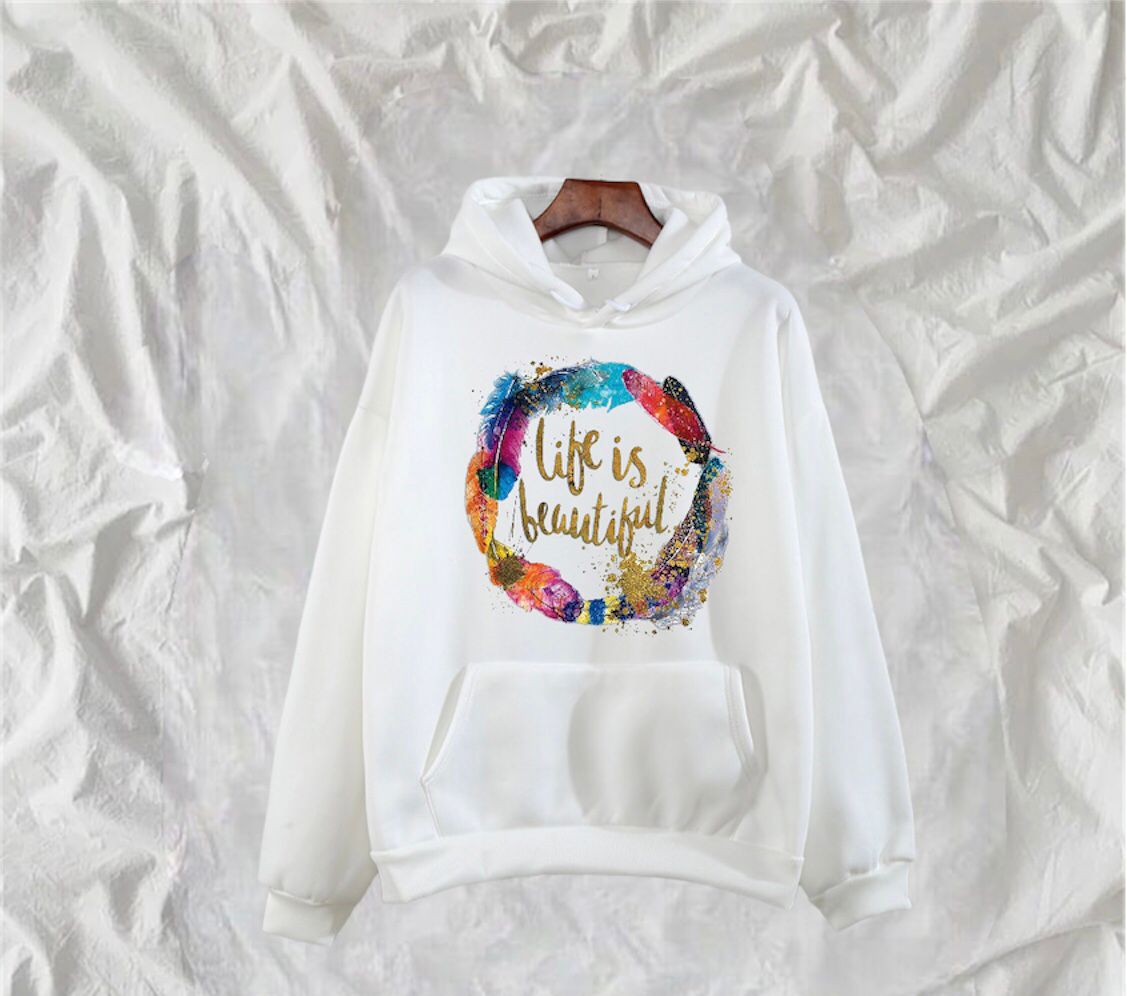 Life Is Beautiful Printed Fleece Full Sleeves Pull Over Hoodie For Women - DENIMS - Hoodies & Sweatshirts - 