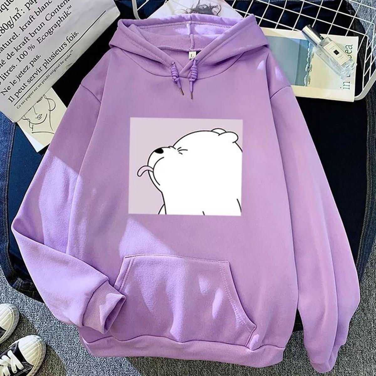 Light Purple Ice Bear Printed Winter Fleece Full Seeves Hoodie For Women - DENIMS - Hoodies & Sweatshirts - 
