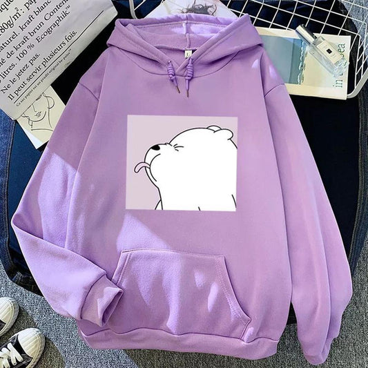 Light Purple Ice Bear Printed Winter Fleece Full Seeves Hoodie For Women - DENIMS - Hoodies & Sweatshirts - 
