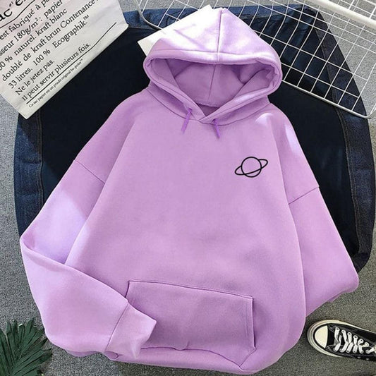 Light Purple Planet Fleece Full Sleeves Pull Over Hoodie For Women - DENIMS - Hoodies & Sweatshirts - 