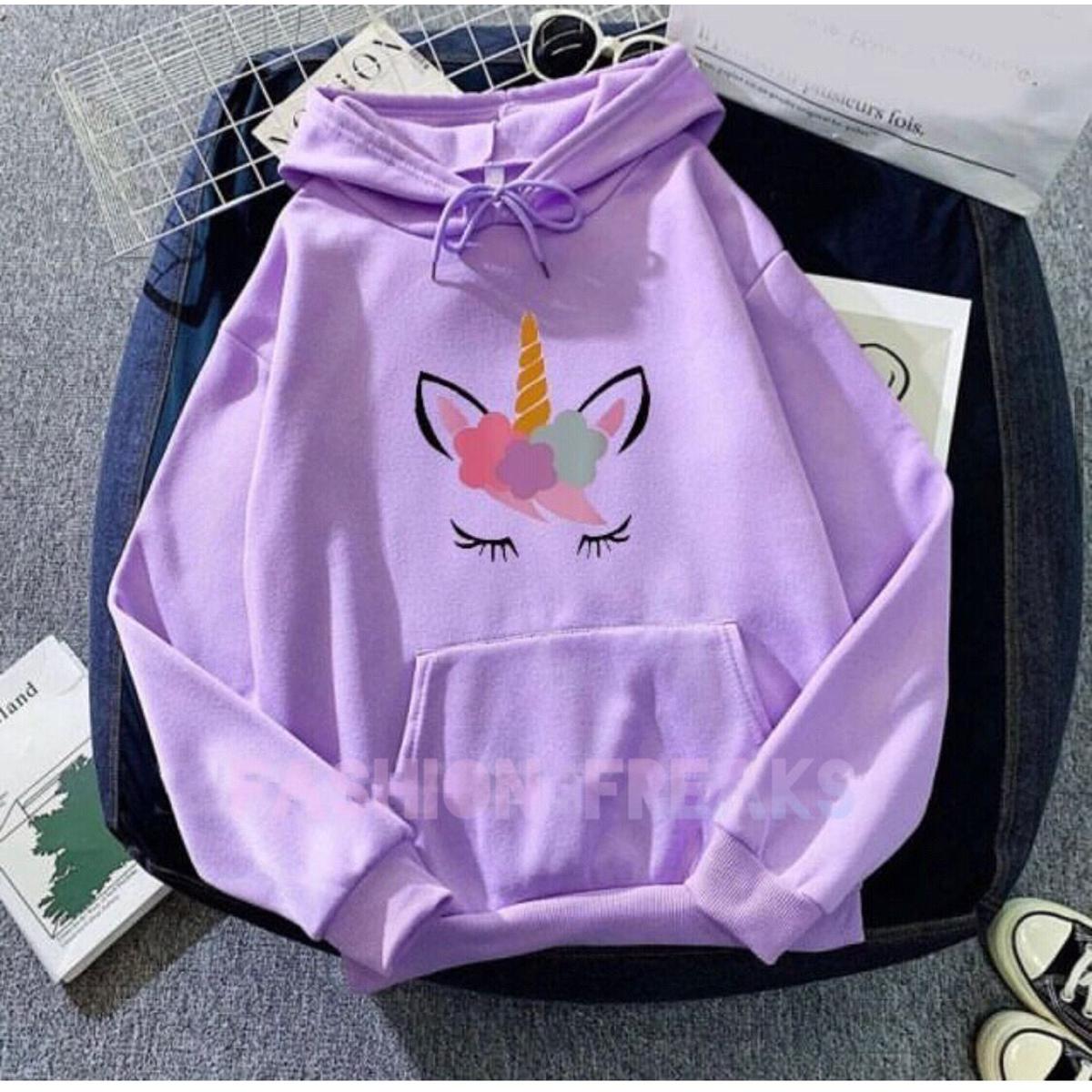 Light Purple Unicorn Printed Fleece Full Sleeves Pull Over Hoodie For Women - DENIMS - Hoodies & Sweatshirts - 