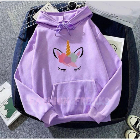 Light Purple Unicorn Printed Fleece Full Sleeves Pull Over Hoodie For Women - DENIMS - Hoodies & Sweatshirts - 