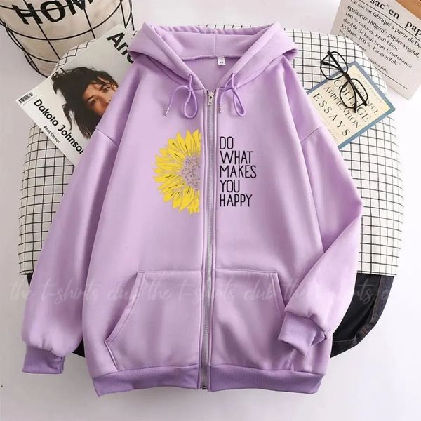 Lilac Do what Makes you Happy Fleece Full Seeves Zipper Hoodie For Women - DENIMS - Hoodies & Sweatshirts - 