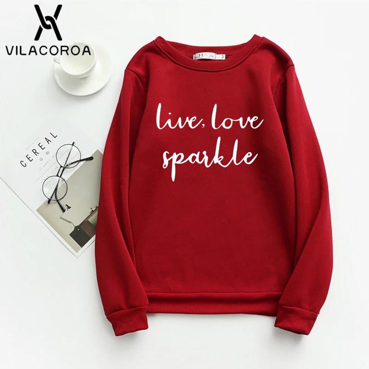 Live Love Sparkle Printed Fleece Full Sleeves Pull Over Sweatshirt For Women - DENIMS - Hoodies & Sweatshirts - 