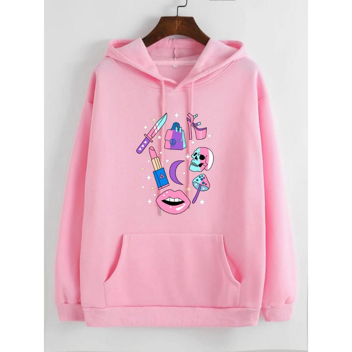 Make Up Printed Fleece Full Sleeves Pull Over Hoodie For Women - DENIMS - Hoodies & Sweatshirts - 