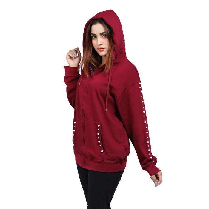 MandJ Max Maroon Pearl Embellished Hoodie For Women - DENIMS - Hoodies & Sweatshirts - 