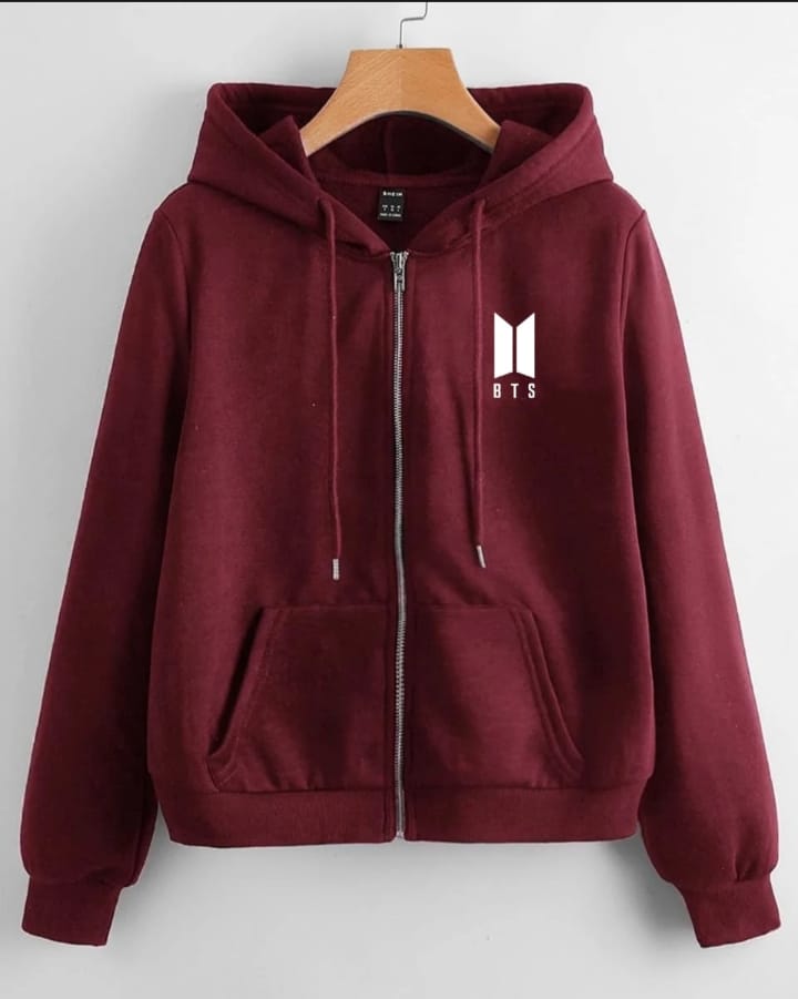 Maroon BTS Fleece Full Sleeves Zipper Hoodie For Women - DENIMS - Hoodies & Sweatshirts - 