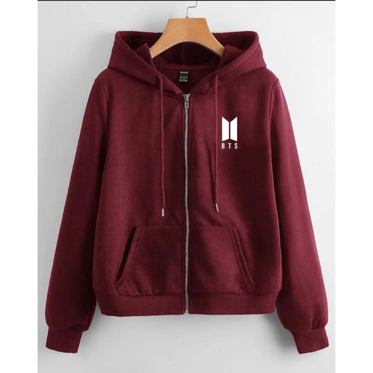 Maroon BTS Fleece Full Sleeves Zipper Hoodie For Women - DENIMS - Hoodies & Sweatshirts - 