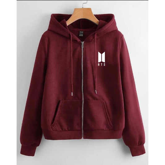 Maroon BTS Fleece Full Sleeves Zipper Hoodie For Women - DENIMS - Hoodies & Sweatshirts - 