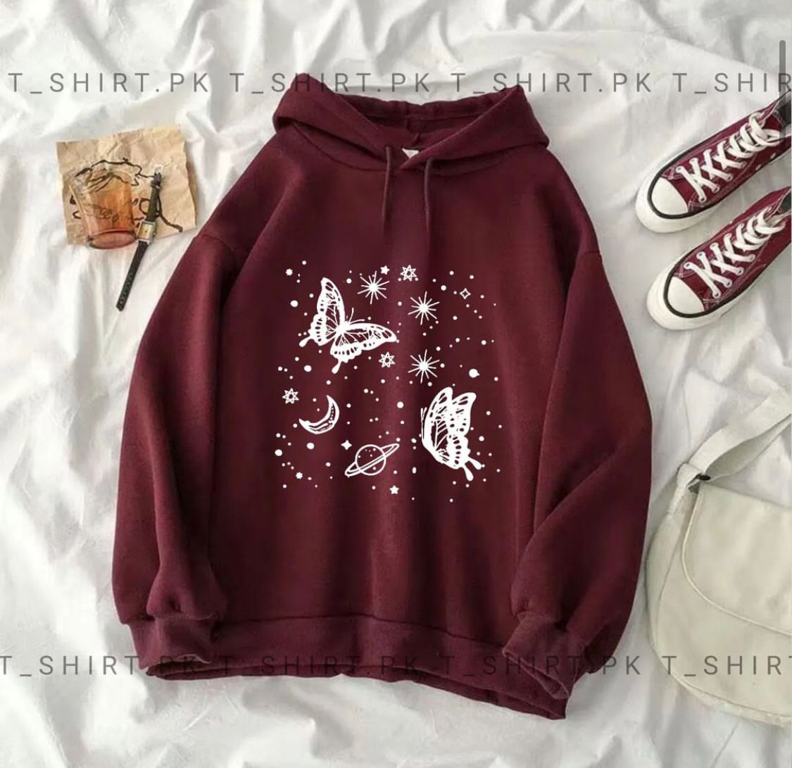 Maroon Butterfly & Stars Fleece Full Sleeves Pull Over Hoodie For Women - DENIMS - Hoodies & Sweatshirts - 
