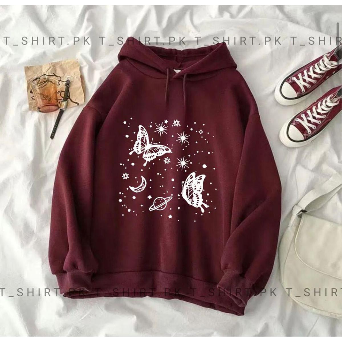 Maroon Butterfly & Stars Fleece Full Sleeves Pull Over Hoodie For Women - DENIMS - Hoodies & Sweatshirts - 