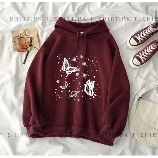 Maroon Butterfly & Stars Fleece Full Sleeves Pull Over Hoodie For Women - DENIMS - Hoodies & Sweatshirts - 
