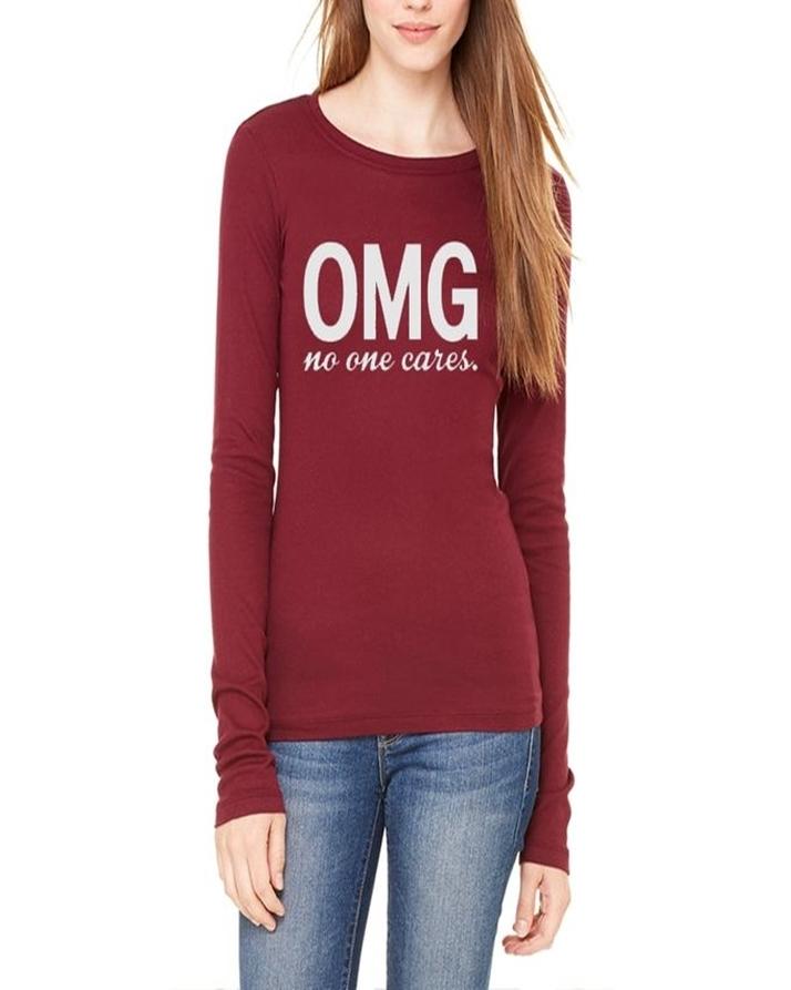 Maroon Cotton OMG No One Cares Printed T - Shirt For Her - DENIMS - Tops & T - Shirts - 