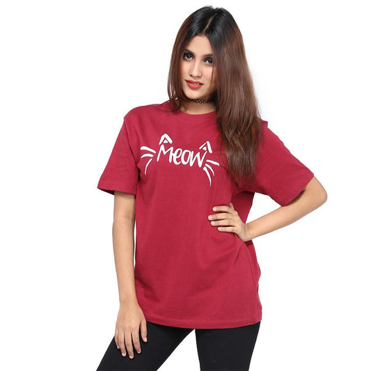 Maroon Cotton Printed Tshirt For Women - DENIMS - Tops & T - Shirts - 