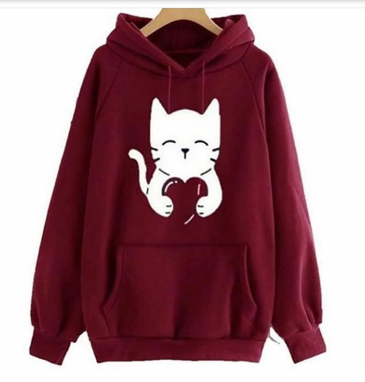 Maroon Cute Cat Printed Fleece Full Sleeves Pull Over Hoodie For Women - DENIMS - Hoodies & Sweatshirts - 