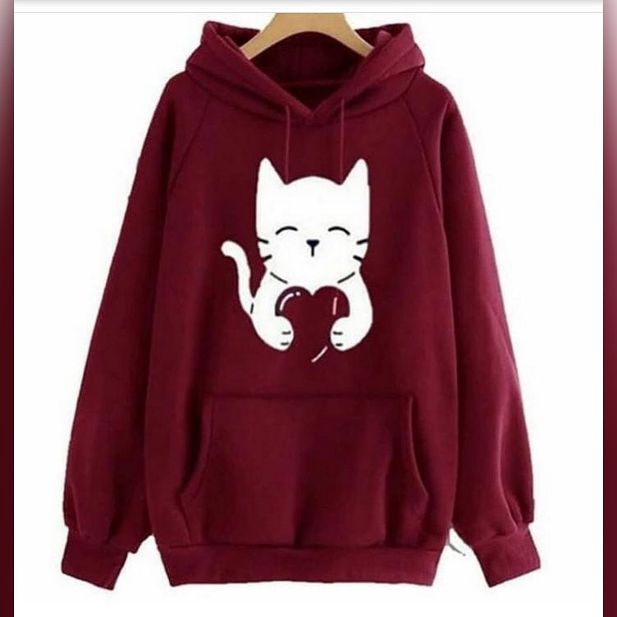 Maroon Cute Cat Printed Fleece Full Sleeves Pull Over Hoodie For Women - DENIMS - Hoodies & Sweatshirts - 