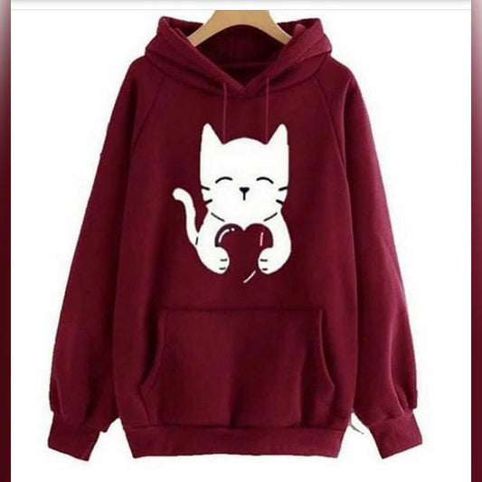 Maroon Cute Cat Printed Fleece Full Sleeves Pull Over Hoodie For Women - DENIMS - Hoodies & Sweatshirts - 