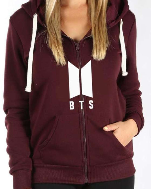 Maroon Fleece BTS Zipper Hoodies For Women - DENIMS - Hoodies & Sweatshirts - 