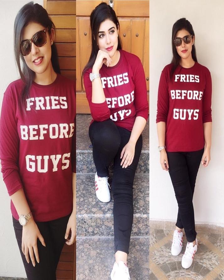 Maroon Fries Before Guys Printed T - Shirt For Women - DENIMS - Tops & T - Shirts - 