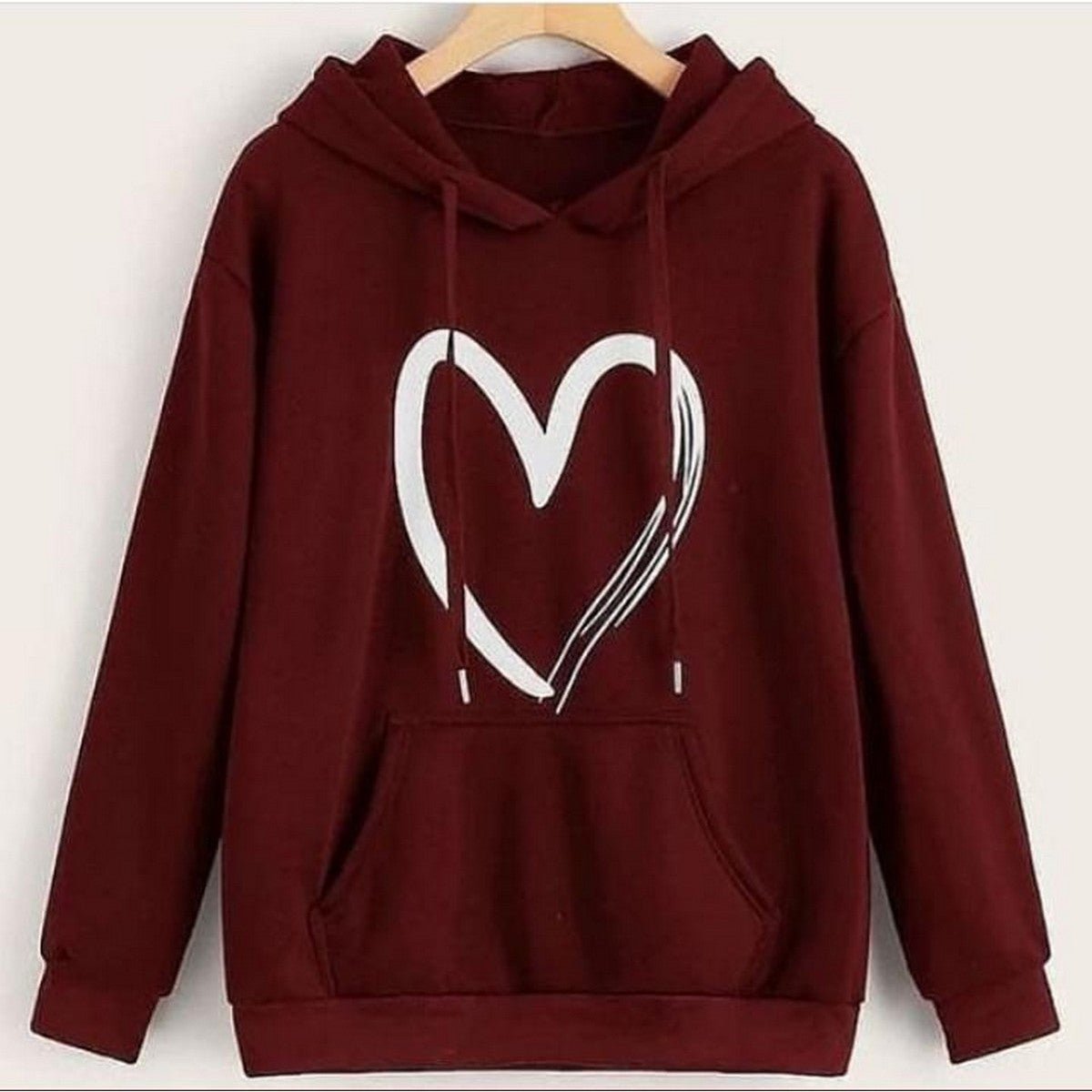 Maroon Heart Printed Fleece Full Sleeves Pull Over Hoodie For Women - DENIMS - Hoodies & Sweatshirts - 