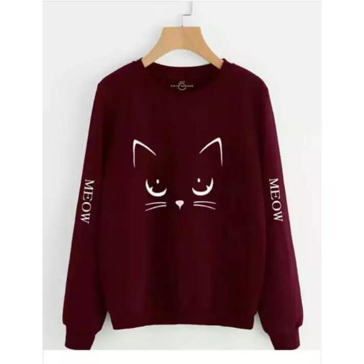 Maroon Meow Fleece Full Sleeves Pull Over Sweatshirt For Women - DENIMS - Hoodies & Sweatshirts - 