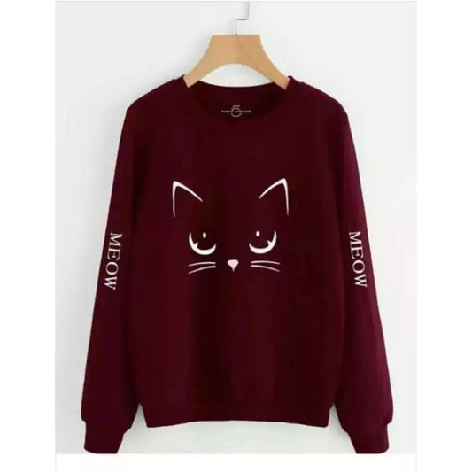 Maroon Meow Fleece Full Sleeves Pull Over Sweatshirt For Women - DENIMS - Hoodies & Sweatshirts - 