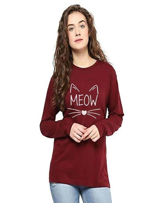 Maroon Meow Printed T - Shirt For Her - DENIMS - Tops & T - Shirts - 