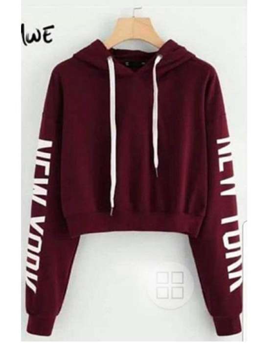 MAROON NEW YORK CROPPED HOODIE FOR WOMEN - DENIMS - Hoodies & Sweatshirts - 