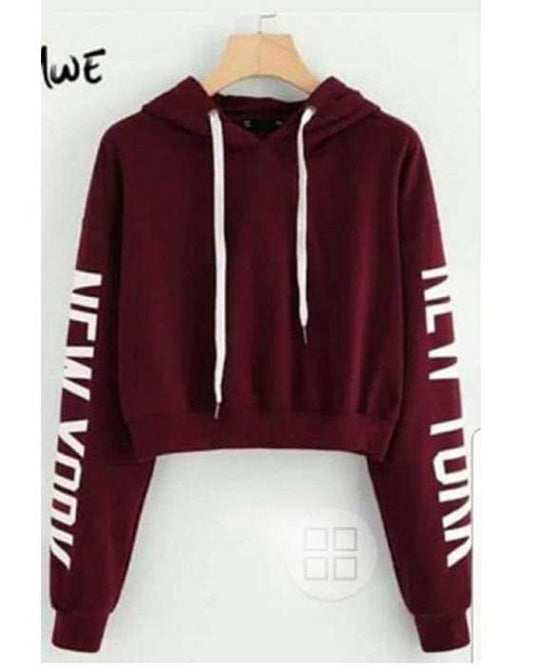 MAROON NEW YORK CROPPED HOODIE FOR WOMEN - DENIMS - Hoodies & Sweatshirts - 