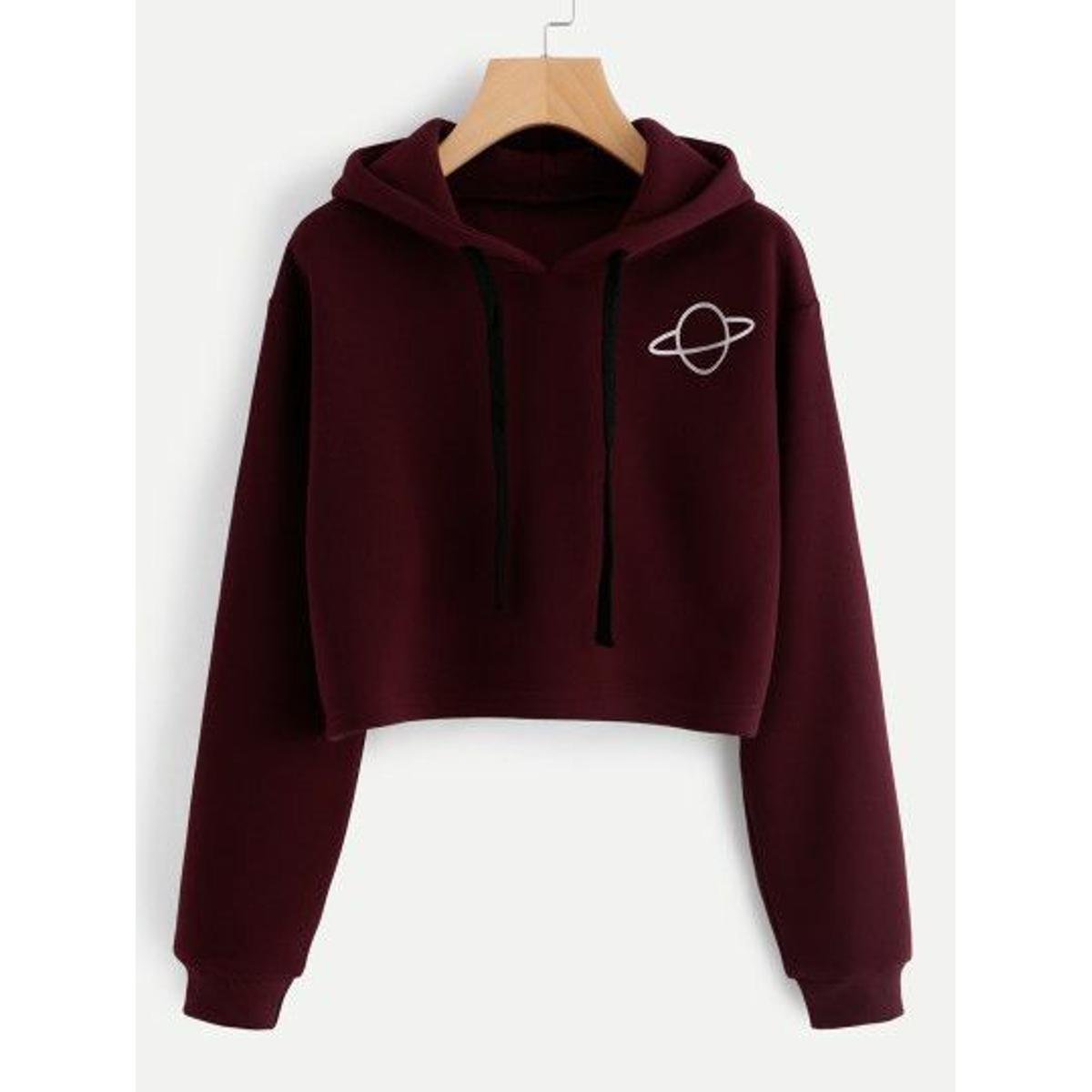 Maroon Planet Printed Fleece Full Sleeves Cropped Pull Over Hoodie For Women - DENIMS - Hoodies & Sweatshirts - 