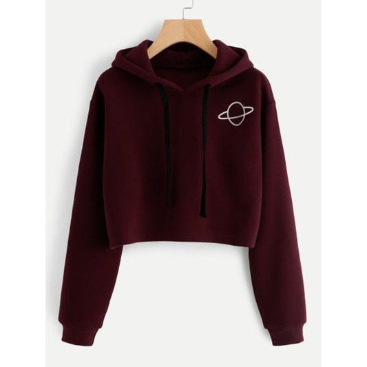 Maroon Planet Printed Fleece Full Sleeves Cropped Pull Over Hoodie For Women - DENIMS - Hoodies & Sweatshirts - 